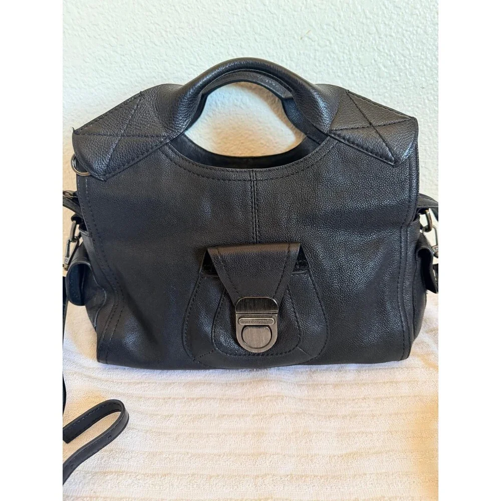 Francesco Biasia Black Leather Satchel Crossbody Top Handle Shoulder Bag